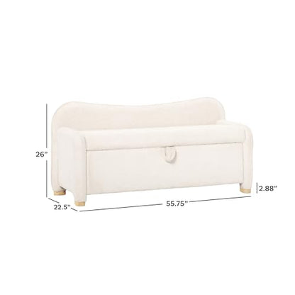 Chantelle Modern Contemporary Curved Upholstered Bench with Storage, 56 Inch, Ivory Bouclé
