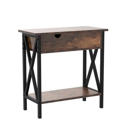 End Tables Living Room Set of 2 with Charging Station, 12"D x 24"W x 24"H | Flip Top End Table with USB Ports and Outlets, Skinny Table for Small Space, End Table with Steel X-Shaped Frame,Rustic Brown