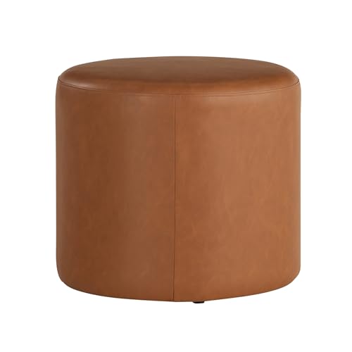 Lifestyle Solutions 19” Wentworth Ottoman Round Faux Leather Bench, Stationary Ottomans, Backless Chair, Footrest for Living Room, Footstool Office, Bedroom, Padded Seat, Caramel Brown