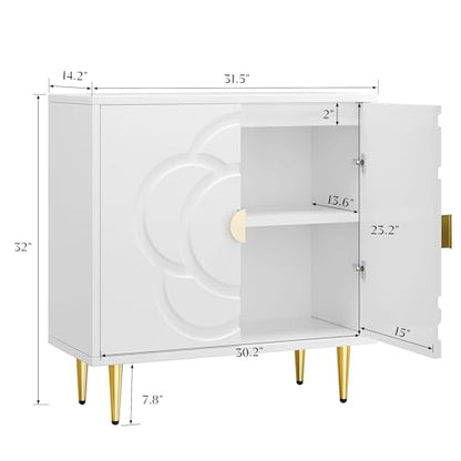 Storage Cabinet, Modern Cabinet with Decorative Flower Pattern Doors, Accent Sideboard Buffet Cabinet for Hallway, Living Room, Kitchen, White