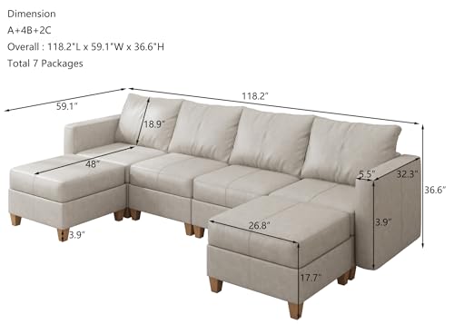 Modular Sectional Sofa with Storage, Faux Leather Sectional, Leather Couches for Living Room,Whitesand
