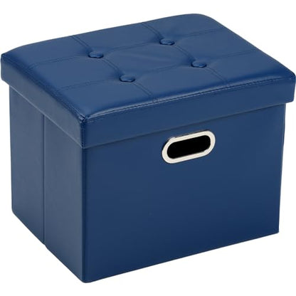 Storage Ottoman 17x13x13in Leather Ottoman Rectangle Footrest Footstool Folding Ottoman for Room Dorm Small Collapsible Bench Seat Organizer Entryway Furniture with Handles Lid Royal Blue