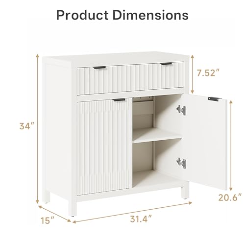 Fluted Buffet Cabinet with Storage, 34" Tall Modern Arched Sideboard Cabinet w/AdjustableShelves,Wooden Modular Coffee Bar for Dining Room, Kitchen, Living Room, Entryway, White