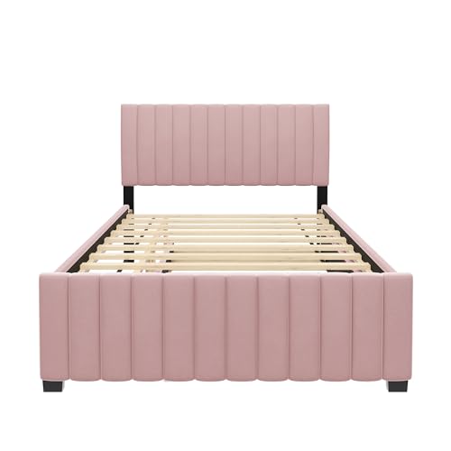 JIVOIT Velvet Fabric Upholstered Platform Bed, Full Size Platform Bed with Twin Size Trundle, Upholstered Headboard and Wood Slats Support for Teens (Pink/Full,486)