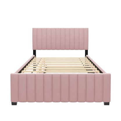 JIVOIT Velvet Fabric Upholstered Platform Bed, Full Size Platform Bed with Twin Size Trundle, Upholstered Headboard and Wood Slats Support for Teens (Pink/Full,486)
