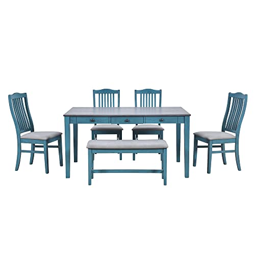 LUMISOL 6-Piece Solid Wood Dining Table Set, Farmhouse Kitchen Table Set with 4 Upholstered Chairs, Bench and Storage Drawers for Kitchen, Dining Room, Living Room, Antique Blue