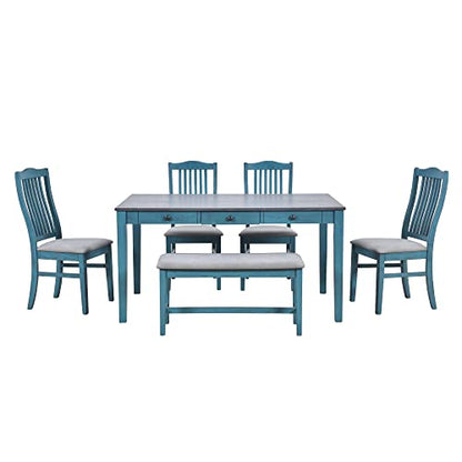 LUMISOL 6-Piece Solid Wood Dining Table Set, Farmhouse Kitchen Table Set with 4 Upholstered Chairs, Bench and Storage Drawers for Kitchen, Dining Room, Living Room, Antique Blue
