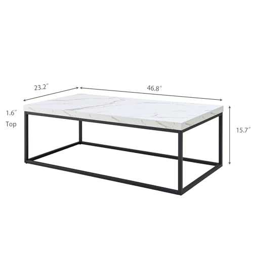 47-Inch White Marble Coffee Table/Center Table, Large Size | Extra Thick 1.6" Honey-comb Top, Rectangle, Minimalist Modern Industrial Style, Wood and Metal Cocktail Table