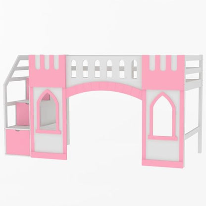 Wood Loft Bed Frame with Storage Stairs, Low Loft Bed with Window and Under-Bed Storage Space for Kids Boys Girls, Box Spring Not Required, Pink(Twin Size)