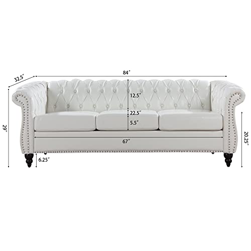 Chesterfield Sofa, Classic Tufted Upholstered Leather Couch, Modern 3 Seater Couch Furniture with Tufted Back for Living Room Office (Cream White)