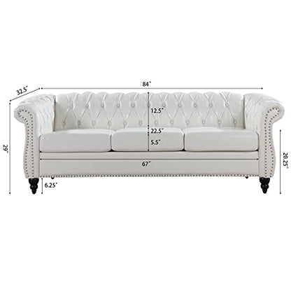 Chesterfield Sofa, Classic Tufted Upholstered Leather Couch, Modern 3 Seater Couch Furniture with Tufted Back for Living Room Office (Cream White)