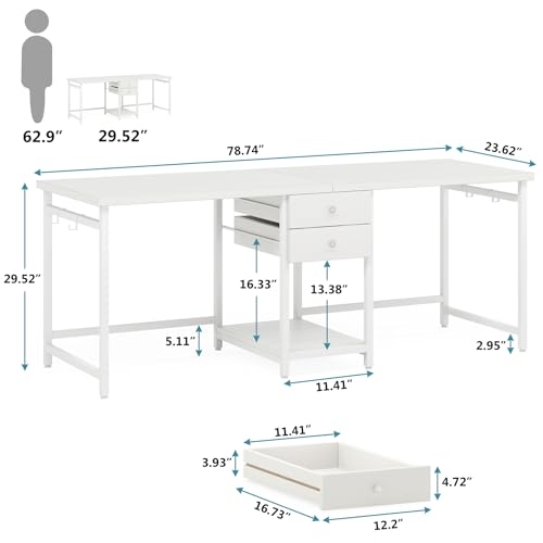 Tribesigns 79 Inch Extra Long Double Desk with 2 Drawers, Two Person Computer Desk with Storage Shelves, Writing Table Study Desk for Home Office, White