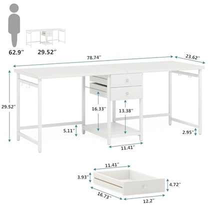 Tribesigns 79 Inch Extra Long Double Desk with 2 Drawers, Two Person Computer Desk with Storage Shelves, Writing Table Study Desk for Home Office, White