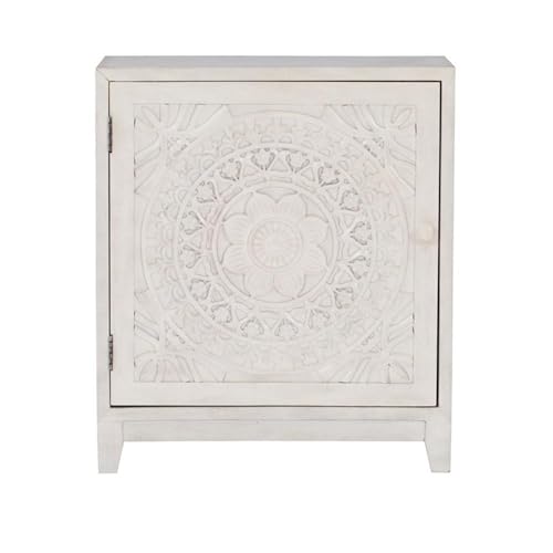 1-Door Wood Storage Accent Cabinet, 29.25 in H x 25.5 in W x 11.5 in D, MDF and Resin Construction, Smokey Antique Off White Finish, Fixed Shelf, Transitional Slimline Design for Home