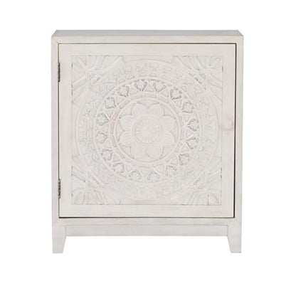 1-Door Wood Storage Accent Cabinet, 29.25 in H x 25.5 in W x 11.5 in D, MDF and Resin Construction, Smokey Antique Off White Finish, Fixed Shelf, Transitional Slimline Design for Home