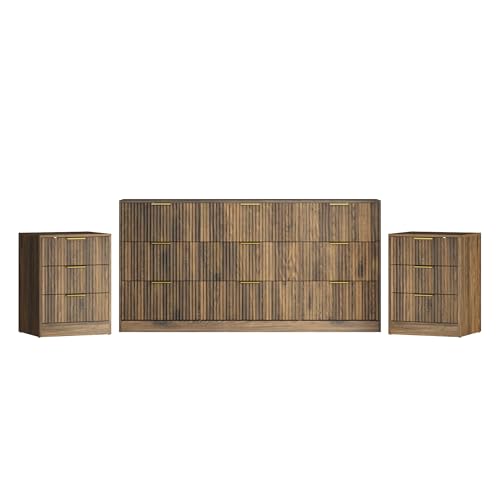 3-Piece Modern Bedroom Furniture Set, Wide 9-Drawer Dresser & 3-Drawer Nightstands Set of 2, Natural Wood Dresser and Nightstand Sets for Bedroom, Hallway, Walnut