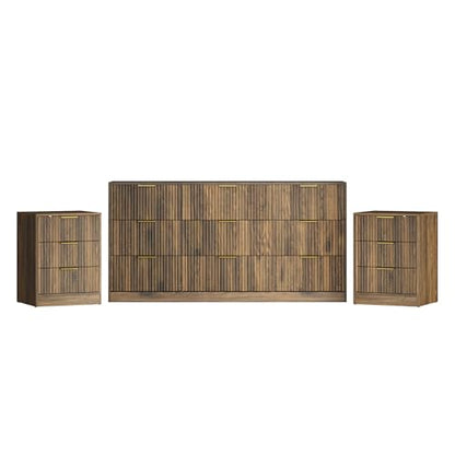 3-Piece Modern Bedroom Furniture Set, Wide 9-Drawer Dresser & 3-Drawer Nightstands Set of 2, Natural Wood Dresser and Nightstand Sets for Bedroom, Hallway, Walnut