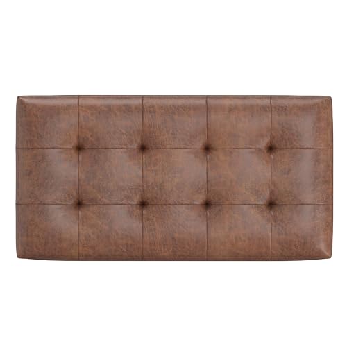 Cosmopolitan Storage Ottoman - 34 inch Wide Upholstered Vegan Leather Rectangle Storage Ottoman Bench in Distressed Saddle Brown, Transitional Tufted Ottoman for Entryway with Lift-Up Lid