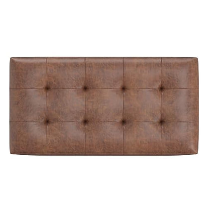 Cosmopolitan Storage Ottoman - 34 inch Wide Upholstered Vegan Leather Rectangle Storage Ottoman Bench in Distressed Saddle Brown, Transitional Tufted Ottoman for Entryway with Lift-Up Lid