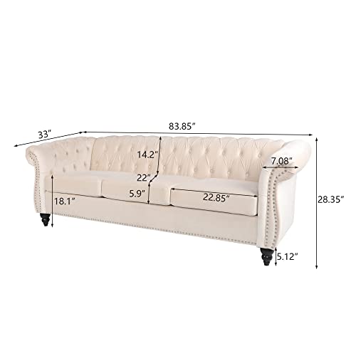 Velvet Chesterfield Sofa, Classic Tufted Upholstered Couch, Modern 3 Seater Couch Long Settee Furniture with Tufted Back for Living Room Office (Beige)
