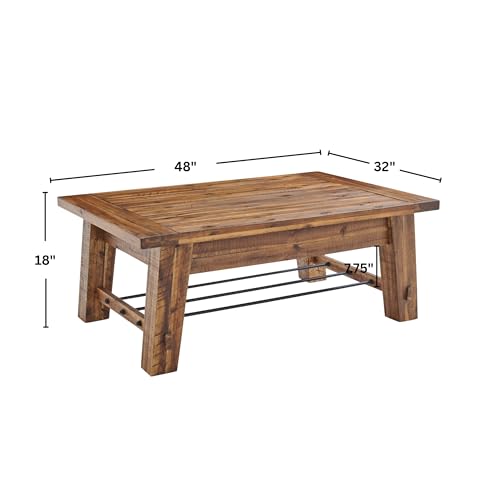 Durango Solid Wood Coffee Table with Metal Storage Shelf | 48-Inch, Rustic Industrial Living Room Table, Metal Accent, Rustic Natural Grain Lacquer Finish