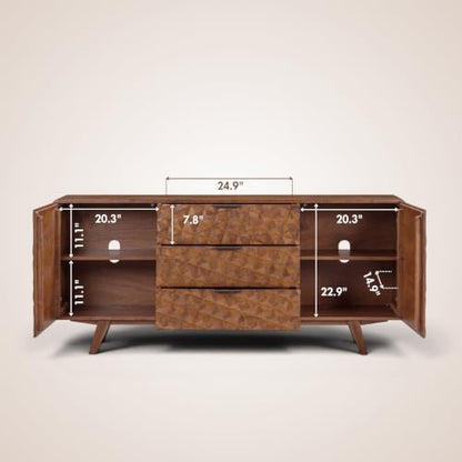 Sapa 71" Solid Wood Sideboard Buffet Cabinet, 3D Carved Geometric Doors, view 6