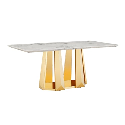 Marble Dining Table for 6 People, 70'' Rectangle Faux Marble Dining Table with Mirrored Stainless Steel Base, Large Size Marble Kitchen Table (Gold,White)(only Table)
