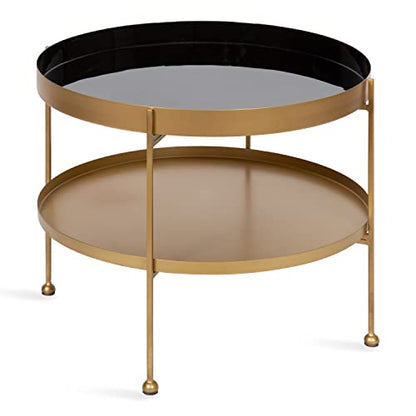 Nira Modern Round Two Tier Coffee Table; 26 Inch Diameter; Black and Gold; Decorative Glam Coffee Table for Storage and Display