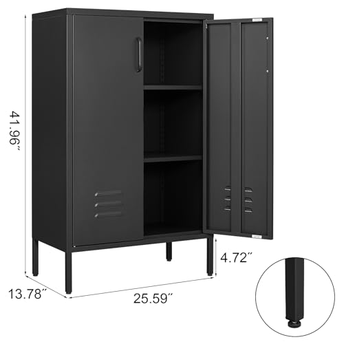 Metal Storage Cabinet,Metal Cabinets with Doors and Adjustable Shelves,2 Door Storage Cabinets with Legs,Morden Accent Cabinets for Home Office,Black