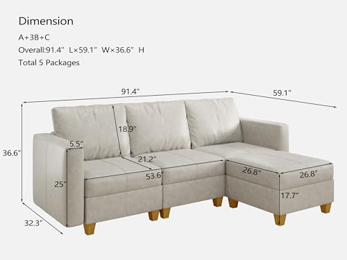 Faux Leather Modualr Sectional Couch,Faux Leather Sectional Sofa with Storage Modular Couch，Whitesand