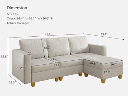 Faux Leather Modualr Sectional Couch,Faux Leather Sectional Sofa with Storage Modular Couch，Whitesand