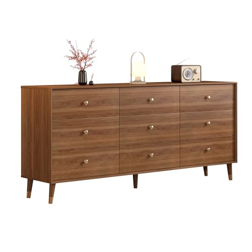 Mid Century Modern 9-Drawer Dresser, 63 Inch Solid Wood Frame Chest, Walnut, view 2