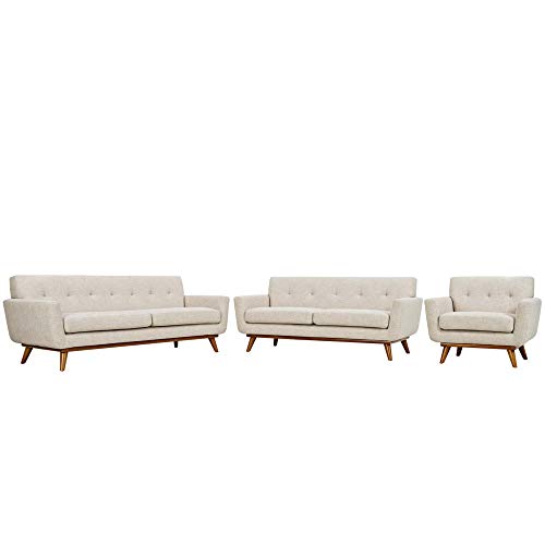 Engage Upholstered Fabric Button Tufted Sofa Furniture Set | Comfortable Lounging | Stylish Design | Sturdy Base | Beige | Includes Armchair, Loveseat, and Sofa