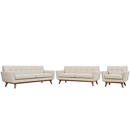 Engage Upholstered Fabric Button Tufted Sofa Furniture Set | Comfortable Lounging | Stylish Design | Sturdy Base | Beige | Includes Armchair, Loveseat, and Sofa
