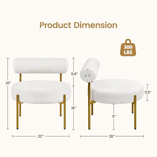 Yaheetech Boucle Accent Chair, Modern Tufted Vanity Chair, Cozy Sherpa Barrel Chair with Gold Legs, Club Chair for Living Room Bedroom Vanity Room Home Office, White