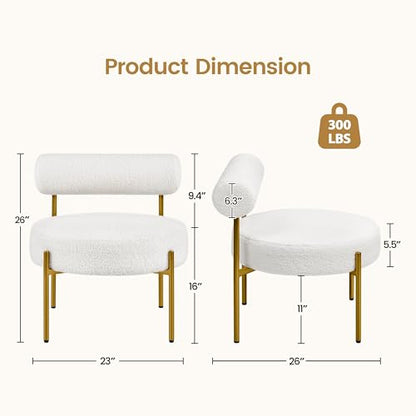 Yaheetech Boucle Accent Chair, Modern Tufted Vanity Chair, Cozy Sherpa Barrel Chair with Gold Legs, Club Chair for Living Room Bedroom Vanity Room Home Office, White