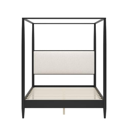 Queen Size Wood Canopy Bed with Upholstered Headboard, Black, view 6