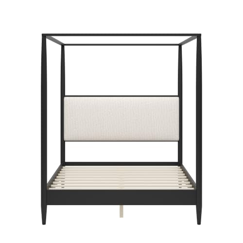 Queen 4-Poster Wood Canopy Bed with Boucle Headboard, Black, view 5