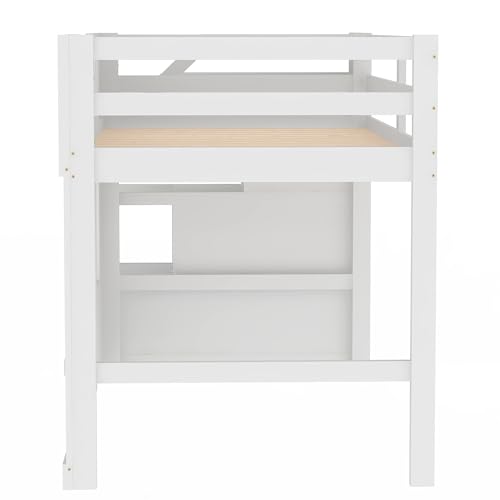 Low Loft Bed with Stairs, Twin Size Loft Bed with Storage Staircase and Window, Wood Loft Bed Frame for Kids Teens - White