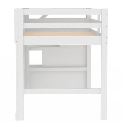 Low Loft Bed with Stairs, Twin Size Loft Bed with Storage Staircase and Window, Wood Loft Bed Frame for Kids Teens - White