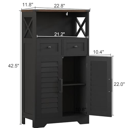 Farmhouse Storage Cabinet, Bathroom Floor Cabinet with Doors and Drawers, Kitchen Pantry Cabinet for Living Room, Laundry, Black