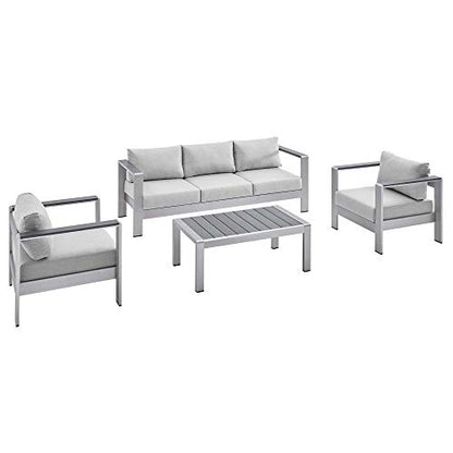 Shore Aluminum 4 Piece Outdoor Patio Furniture Set | Weather Resistant | Sunbrella Cushions | Sofa, Armchairs, Coffee Table