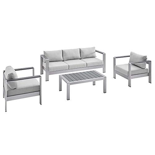 Shore Aluminum 4 Piece Outdoor Patio Furniture Set | Weather Resistant | Sunbrella Cushions | Sofa, Armchairs, Coffee Table