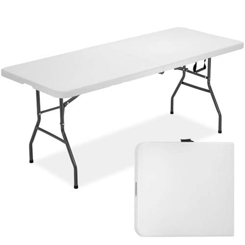 6 Foot Outdoor Dining Table, Foldable Portable Rectangular Plastic Folding Table with Built in Carrying Handle for Party and Wedding Use, White