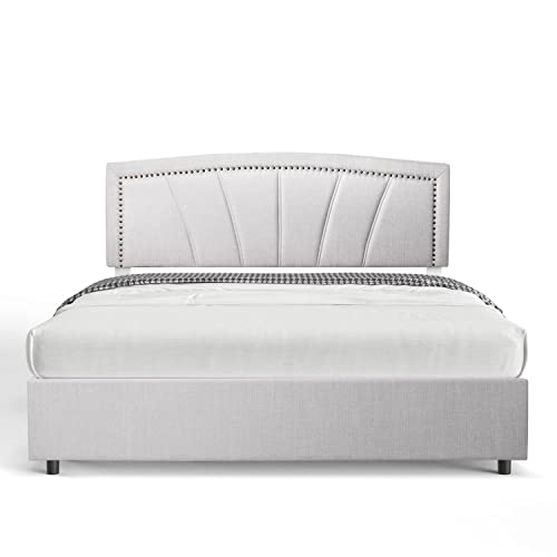 Storage Bed Frame Upholstered Low Profile Traditional Platform with Tufted and Nail Headboard/No Box Spring Needed/4 Pull Out Drawers/Light Grey Linen Fabric (Full Size)