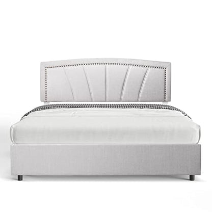 Storage Bed Frame Upholstered Low Profile Traditional Platform with Tufted and Nail Headboard/No Box Spring Needed/4 Pull Out Drawers/Light Grey Linen Fabric (Full Size)