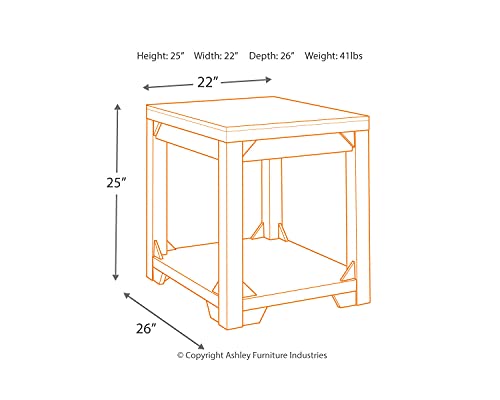 Signature Design by Ashley Fregine Farmhouse Rectangular End Table with Lower Open Shelf, Triangle Bracket Accents, Wood, 25.25" High, Weathered White
