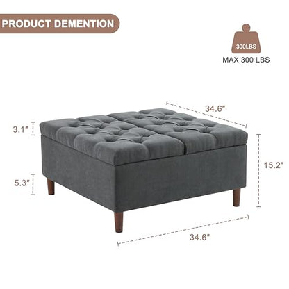 35 Inch Extra Large Storage Ottoman Coffee Table, No Assembly Required, Oversized Square Ottoman with Storage, Tufted Upholstered Ottomans Coffee Table for Living Room (Fabric, Dark Grey)