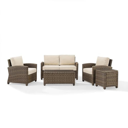 Crosley Furniture KO70050WB-SA Bradenton Outdoor Wicker 5-Piece Seating Set (Loveseat, 2 Arm Chairs, Side & Coffee Table), Weathered Brown with Sand Cushions