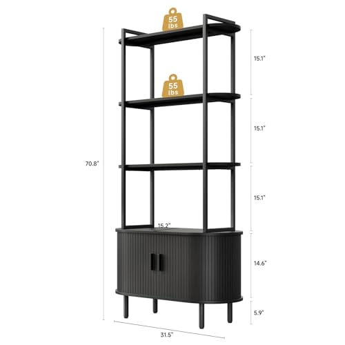 4 Tier Bookshelf with Cabinet, 71" Tall Display Bookcase Black, view 4